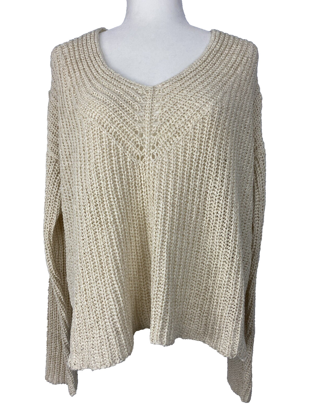 Eileen Fisher Ecru V-neck chunky Size L Organic Cotton Sweater V Neck A003041